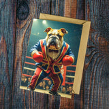 The British Bulldog Heavyweight Boxer Greeting Card by Countryside Greetings features AI-generated artwork of a bulldog in a suit and boxing gloves in a ring. This eco-friendly card is displayed on wood.