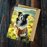 The Border Collie Greeting Card by Countryside Greetings features a dog in a sheepskin jacket outdoors on grass with a countryside backdrop, on a dark wooden surface with kraft envelope—eco-friendly materials.