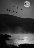 A flock of birds crosses a moonlit sky over hills and a lake, echoing the calm of country sports scenes on Countryside Greetings’ 10 Shooting notecards with envelopes by Charles Sainsbury-Plaice.