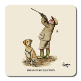 A tweed-clad hunter shoots upward as his startled dog watches, dropping two shells—captured in Bryn Parry’s Sex in the Country series on CountrysideGreetings’ set of six shooting cartoon coasters. Caption: PREMATURE EJECTION.