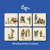 Set of Six Bryn Parry Shooting Cartoons Coasters – Iconic Sex in the Country Series by CountrysideGreetings. Features humorous countryside shooting scenes, heat-resistant melamine, blue background, and “Bryn” signature—ideal for shooting fans.