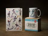 The CountrysideGreetings Cricket Mug: Cricketing Terms by Bryn Parry features colorful cartoon cricket players and terms like Bowled, Silly Mid Off, and Duck. It comes in a matching box—an ideal cricket-themed gift.