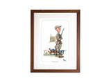 The Belted Earl by Bryn Parry, an open edition print from CountrysideGreetings, features a man in hunting gear with four dogs outside a manor. Perfect wall art for game shooting fans. Text below reads The Blasted Class.