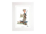 A cartoon of a smiling man in hunting gear with three dogs and a grand house, inspired by Bryn Parry. The Belted Earl Bryn Parry Open Edition Print by CountrysideGreetings—perfect for game shooting fans.
