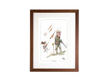 CountrysideGreetings’ The Magnet Pheasant Shooting Bryn Parry Open Edition Print features a cartoon hunter called The Bandit, unaware of flying bullets as his dog ducks for cover—perfect wall art for game shooting fans.