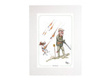 The Magnet Pheasant Shooting Bryn Parry Open Edition Print by CountrysideGreetings features a cheerful hunter, his dog, and flying fishing bobbers—perfect for game shooting fans and lovers of countryside sporting art.