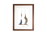The CountrysideGreetings Teamwork Bryn Parry Open Edition Print features a hunter, his dog, and pheasants overhead—ideal wall art for game shooting fans.