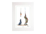 The Teamwork Bryn Parry Open Edition Print by CountrysideGreetings shows a hunter aiming at a pheasant with his blue dog, both in outdoor attire. Beautifully framed with a white mat, its perfect for game shooting fans.
