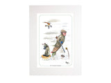 The Wet Weather Warrior Bryn Parry Open Edition Print from CountrysideGreetings features a man in waders standing in water with a wet dog in an inflatable ring and a duck overhead—perfect for game shooting fans.