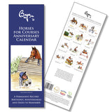 Front and back covers of the Horses for Courses Anniversary Calendar – Equestrian Sport Cartoons by Bryn Parry from CountrysideGreetings, featuring nostalgic, witty horse-themed illustrations and a list of monthly cartoons for riders.