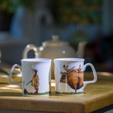 shooting mug featuring bryn parry bullocks cartoon. A bull with pheasants on standing behind a man in tweeds and and a yellow labrador