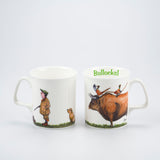 shooting mug featuring bryn parry bullocks cartoon. A bull with pheasants on standing behind a man in tweeds and and a yellow labrador