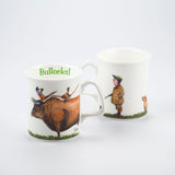 shooting mug featuring bryn parry bullocks cartoon. A bull with pheasants on standing behind a man in tweeds and and a yellow labrador