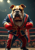 Boxing and dog greeting card featuring a British bulldog with gloves and a union jack suit in the ring.