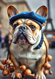 French Bulldog greeting card with the subject dressed in a blue french beret with a string of onions hanging around its neck. Photographic.