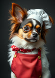 Papillon dog greeting card with the subject dressed in chef's clothing looking cute straight to camera.