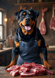 A Rottweiler dog wearing a striped butcher’s apron stands proudly behind a wooden table piled high with raw meat cuts. The setting is a rustic butcher's shop with hanging meat joints in the background. The dog has a happy, open-mouthed expression and looks directly at the camera, exuding confidence and charm.