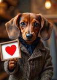 A pretty Dachshund dog in a tweed jacket holding up a sign with a love heart on. Greeting card blank on the inside for all occasions.