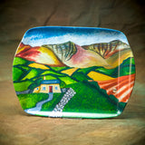 The “A Safe Haven, Brecon Beacons” melamine serving tray by Amanda Skipsey (Countryside Greetings) features a vibrant Welsh landscape with rolling hills, a red-roofed house, stone fences, and a winding path on a brown background.
