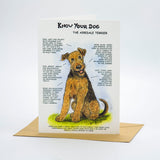 The Airedale Terrier Dog Greeting Card by Dick Twinney from Countryside Greetings features breed info. The upright card is shown on a brown envelope against a white background.