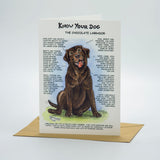 The Chocolate Labrador Dog Greeting Card by Dick Twinney from Countryside Greetings features an illustrated Chocolate Labrador and text about the breed, displayed with a brown envelope on a plain surface.