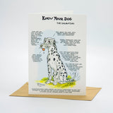 The “Dalmatian Dog Greeting Card by Dick Twinney” from Countryside Greetings features a detailed Dalmatian illustration with labeled traits, shown standing on grass and propped open on a brown envelope.
