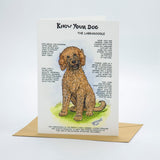The Know Your Dog Labradoodle Greeting Card by Dick Twinney from Countryside Greetings features an illustrated Labradoodle and breed info, standing atop an envelope—ideal for Labradoodle lovers.
