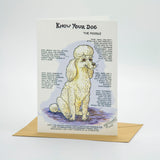 Know Your Dog Poodle Greeting Card by Dick Twinney, from Countryside Greetings, features a charming illustrated poodle with fun facts about the breed, propped on a brown envelope.