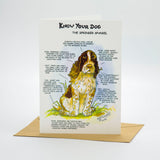 The Countryside Greetings Dick Twinney Know Your Dog Springer Spaniel Greeting Card features a charming illustrated dog with labeled traits and humor, set on white with a brown envelope, sustainably printed—a perfect tribute to the beloved breed.