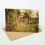 The Countryside Greetings Gardening Greeting Card – A5 Size features elegant Verbena flowers on the cover, shown against a plain brown envelope. Eco-friendly and ideal for gardening-themed occasions.