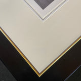 Close-up of a Crab Apple Tree limited edition print by Charles Sainsbury-Plaice from CountrysideGreetings, featuring cream matting with a thin gold inner edge in a dark wood frame, shown resting on a dark surface.