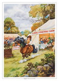 The Countryside Greetings Cartoon horse or pony print. Highly Recommended by Thelwell features a startled horse and rider scattering people and vegetables in a Flower & Vegetable Show tent, as surprised onlookers watch.