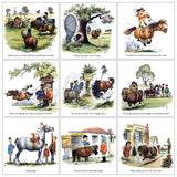 Compilation image of nine classic Thelwell pony cartoon greeting cards from the assorted pack by Countryside Greetings. Each humorous design features chaotic and comical pony club scenes, including mischievous ponies misbehaving in the show ring, reluctant rides at the riding school, and witty commentary on pony ownership. A nostalgic and charming collection ideal for horse lovers, pony enthusiasts, and fans of Norman Thelwell’s iconic British equestrian illustrations.