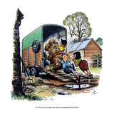 Three girls try to load a stubborn horse, with one pulling and two pushing. Caption: Ill be glad when she gets interested in boys! Horse and Pony cartoon print by Norman Thelwell from Countryside Greetings—a perfect equestrian gift.
