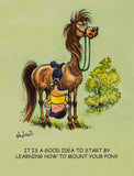 The Cartoon pony print by Norman Thelwell from CountrysideGreetings shows a child hanging upside down under a pony, with the caption: It is a good idea to start by learning how to mount your pony.