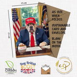 Product image showing the Trumper greeting card with kraft envelope and clear size dimensions: 15 cm wide by 21 cm tall. Includes icons and text highlighting that the card is A5 when folded, blank inside, and sustainably printed under the Woodland Carbon Code. Also features logos for Buy British, UK letter sizing, and Countryside Greetings.