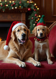 Two dogs, one wearing a Santa hat and the other an elf hat, sitting on a red surface with Christmas decorations in the background.