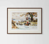 Framed Cartoon pony and hunting print. The Toy Trumpet by Thelwell by Countryside Greetings, featuring riders on horses with hounds in a wintry landscape, charmingly capturing Thelwell’s iconic pony scene under a cloudy sky.