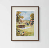 Countryside Greetings Pony or Horse Riding Print: The Water Jump by Thelwell features a classic equestrian scene with a horse and rider clearing a water jump as others look on—complete with watching figures, dogs, and playful fallen riders. A charming gift!.