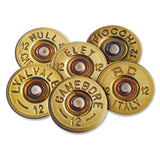 The Shotgun Cartridge Drinks Coaster Set by Charles Sainsbury-Plaice from Countryside Greetings features six brass shotgun shell bases stamped with different brand names and 12 gauge—an eye-catching decorative accessory and ideal shooting gift.