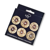 The Shotgun Cartridge Drinks Coaster Set by Charles Sainsbury-Plaice from Countryside Greetings features six round coasters with assorted designs, making a unique shooting gift in sleek black packaging.
