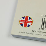 A Union Jack “British Product” sticker appears on the back of a Countryside Greetings Bird themed A6 lined notebook (Blue Tit by Dick Twinney) package, beside a barcode and printed text.
