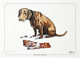 Cartoon of a brown Chocolate Labrador sitting by a torn-open Kit Kat, looking guilty. Chocolate Labrador dog limited edition print by Bryn Parry from Countryside Greetings.