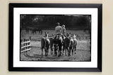 The Polo and Horse limited edition framed print, Evening Exercise by Charles Sainsbury-Plaice from Countryside Greetings, features an elegant black-and-white scene of horseback riders—ideal for country sports lovers and collectors.