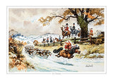 Cartoon pony and hunting print, The Toy Trumpet by Thelwell from Countryside Greetings, features a fox in a red coat riding a horse and blowing a toy trumpet, leading hounds through snowy countryside in classic Thelwell style.