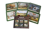 Six rectangular Thelwell Hunting Placemats by Countryside Greetings, featuring assorted hunting scenes and green borders, are fanned out behind a box labeled The Hunting Set: Classic Collectable Placemats. Set includes 6 British-made placemats.