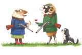 The Farm Animal Greeting Card multipack from Countryside Greetings features 12 assorted cartoon cards by Alex Underdown, including sheep in colorful outfits with snacks and wine plus their cheerful dog—perfect for fun, farm-themed messages.