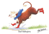 A cheerful cow in a blue scarf and red boots jumps through a puddle on grass. From Countryside Greetings Farm Animal Greeting Card multipack—12 assorted cartoons by Alex Underdown. Beef Wellingtons text below.
