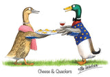 A female duck in pearls serves cheese to a dapper drake, with Cheese & Quackers caption. Enjoy this and 11 more fun cartoons in the Farm Animal Greeting Card multipack by Countryside Greetings, illustrated by Alex Underdown.