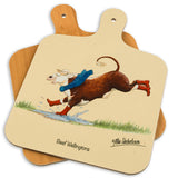 CountrysideGreetings Beef Wellingtons cow themed mini chopping board features a British design by Alex Underdown, showing a cow in red boots and blue scarf running through a puddle with the caption Beef Wellingtons.